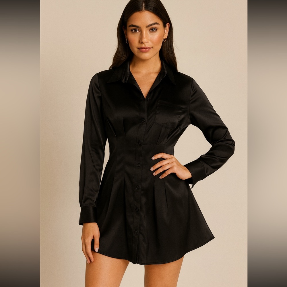 Nicky Couture Satin Shirt Dress with Cinched Waist